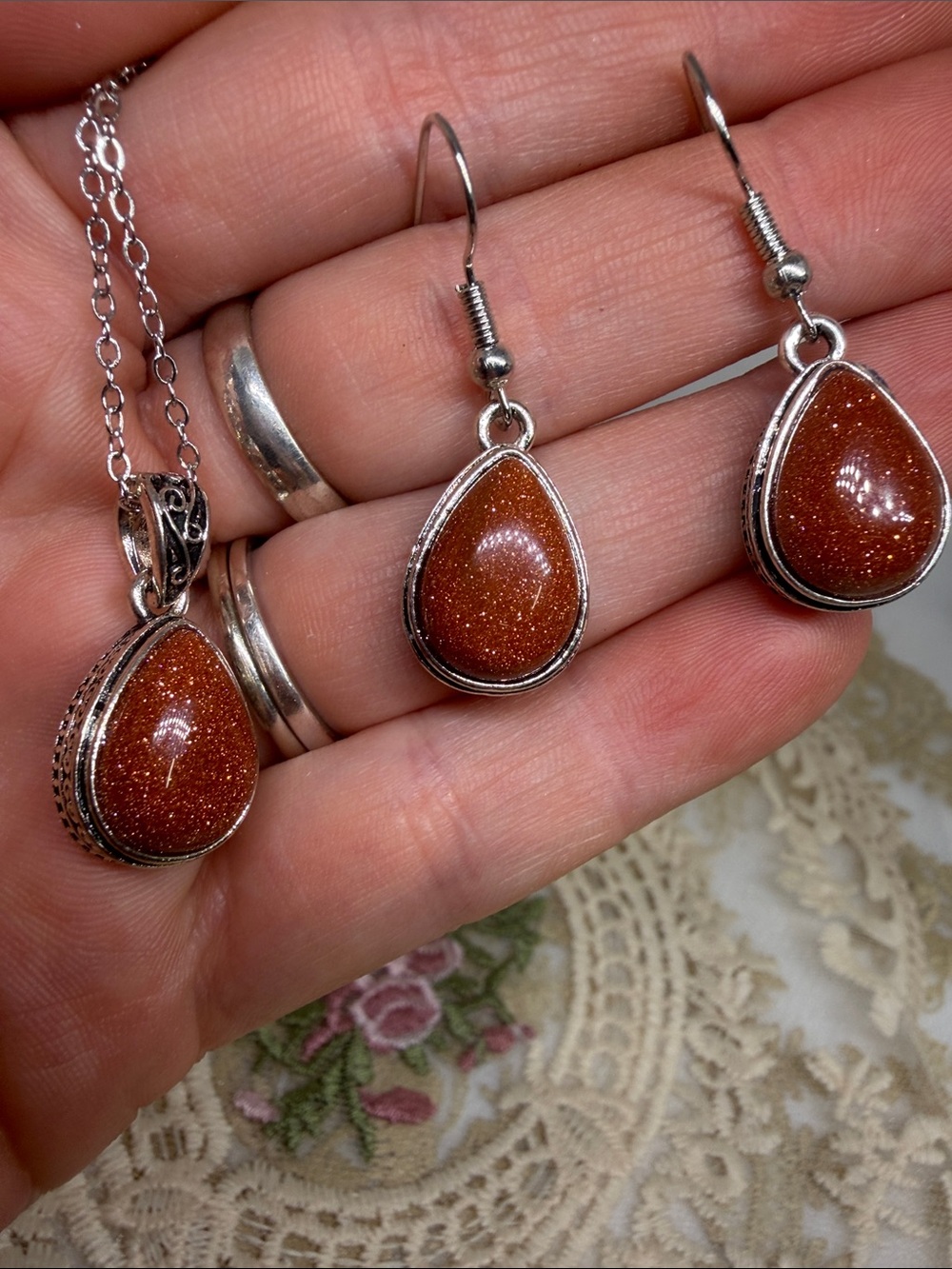Natural Orange Sandstone Teardrop Necklace & Earrings Set | Silver Tone